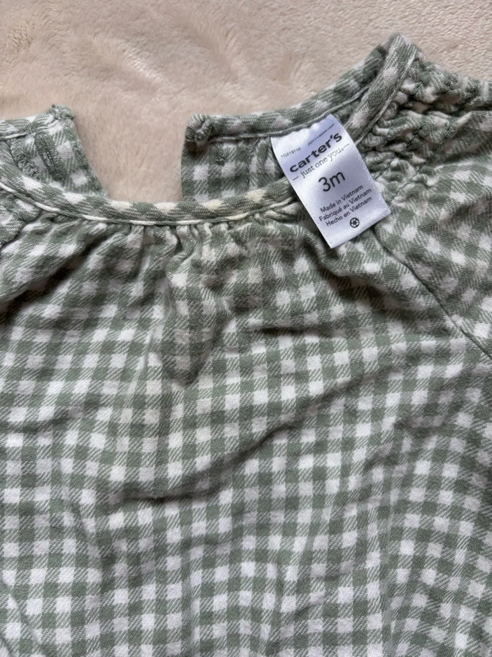 Long-Sleeve Baby Carter's Green Gingham Bubble Romper one-piece 3M EUC